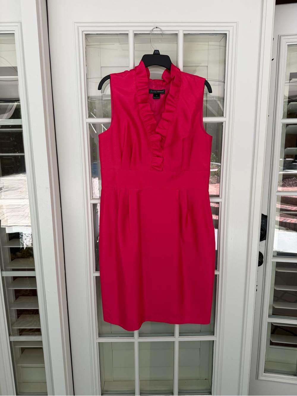 Jessica Howard Ruffle V-Neck Sheath Dress in Bright Pink
